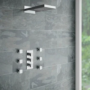 Milan Square Triple Valve with Diverter, Fixed Water Blade Shower Head + 6 Body Jets Chrome