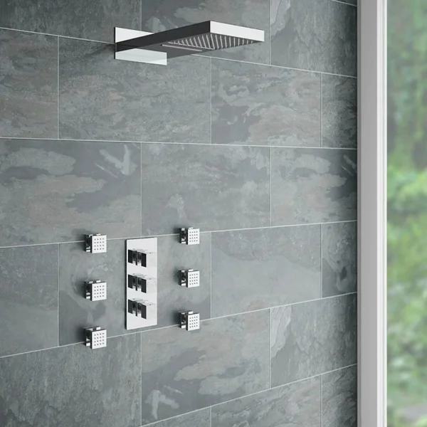 Milan Square Triple Valve with Diverter, Fixed Water Blade Shower Head + 6 Body Jets Chrome