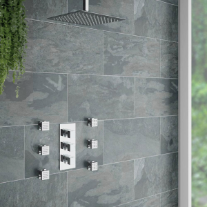 Milan Square Triple Shower Valve, Ceiling Mounted Square Shower Head & 6 Body Jets