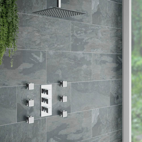 Milan Square Triple Shower Valve, Ceiling Mounted Square Shower Head & 6 Body Jets