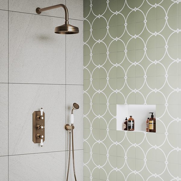 Chatsworth 1928 Antique Brass Traditional Shower with Concealed Valve, 8" Head + Handset - Image 4