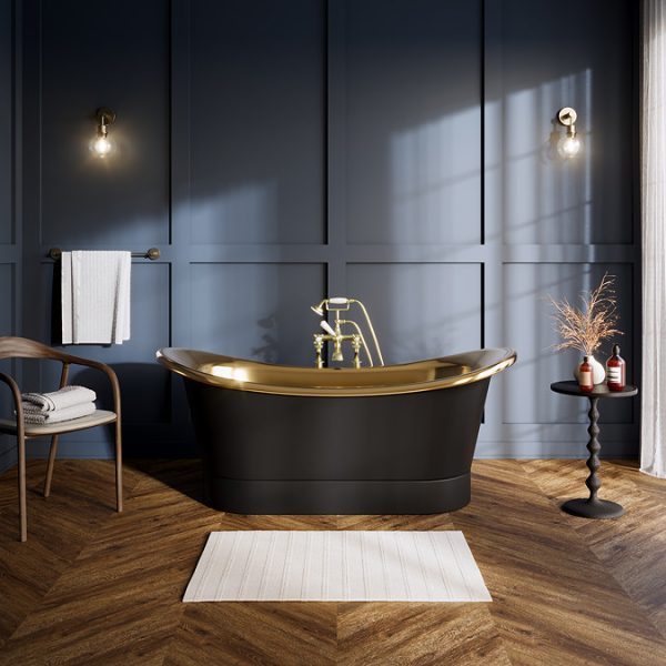 Trafalgar Matt Black 1700 x 710mm Double Ended Roll Top Slipper Bath (Polished Brass Inside) - Image 8