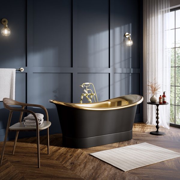 Trafalgar Matt Black 1700 x 710mm Double Ended Roll Top Slipper Bath (Polished Brass Inside) - Image 2