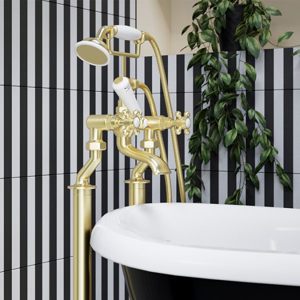 Trafalgar Crosshead Deck Mounted Bath Shower Mixer & Shower Kit Brushed Brass - Image 4