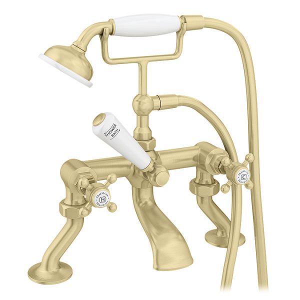 Trafalgar Crosshead Freestanding Bath Shower Mixer & Shower Kit Brushed Brass - Image 8