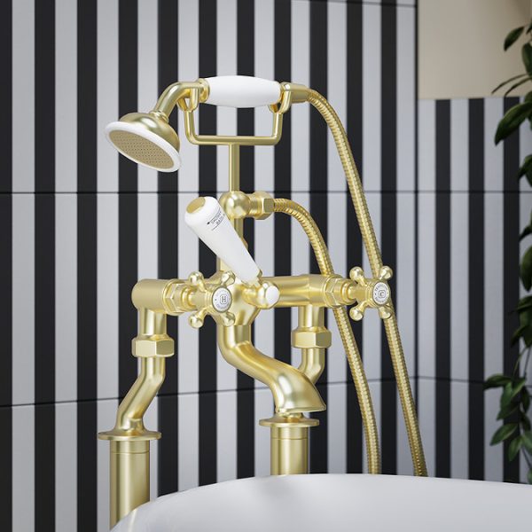 Trafalgar Crosshead Freestanding Bath Shower Mixer & Shower Kit Brushed Brass - Image 5