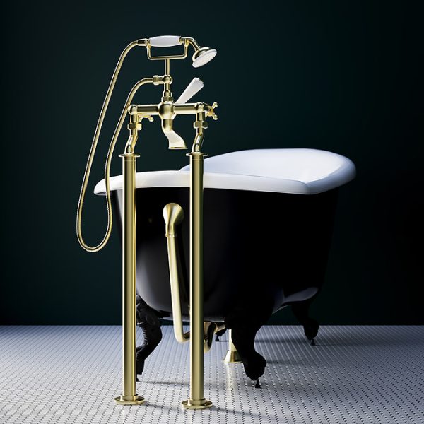 Trafalgar Crosshead Freestanding Bath Shower Mixer & Shower Kit Brushed Brass - Image 4