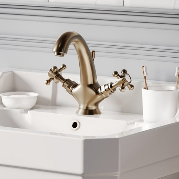 Trafalgar Crosshead Mono Basin Mixer Tap & Pop Up Waste Antique Brass - Image 2