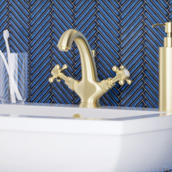 Trafalgar Crosshead Mono Basin Mixer Tap & Pop Up Waste Brushed Brass - Image 2