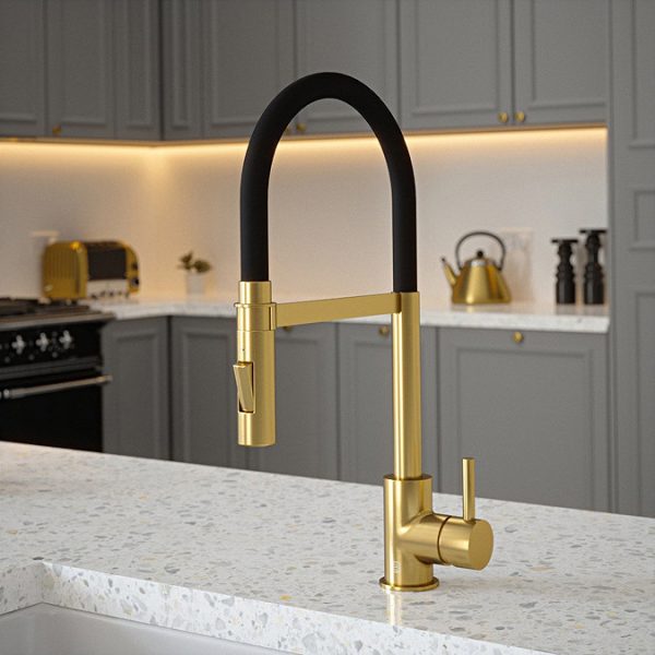 The Tap Factory Vibrance Tube Brushed Brass Kitchen Tap with Spray Function Black Velvet - Image 2