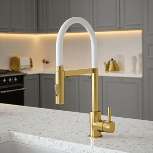 The Tap Factory Vibrance Tube Brushed Brass Kitchen Tap with Spray Function Black Velvet