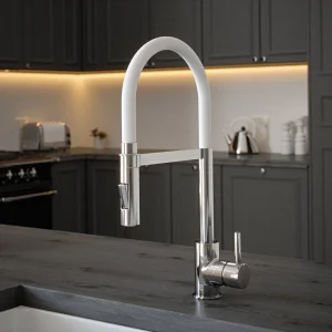 The Tap Factory Vibrance Tube Chrome Kitchen Tap with Spray Function Ghost White