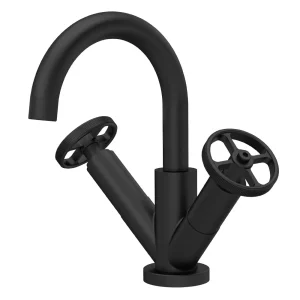 Hudson Reed Revolution Industrial Matt Black Mono Basin Mixer with Swivel Spout and Click Clack Waste