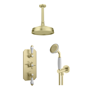 Trafalgar Brushed Brass Shower with Concealed Valve, Ceiling Mounted 8" Head + Handset