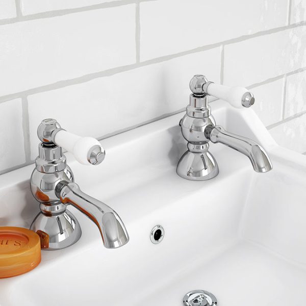 Chatsworth 1928 Traditional White Lever Pillar Basin Taps - Image 2