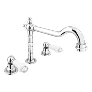 Chatsworth 1928 Traditional 3TH White Lever Deck Mounted Basin Mixer Tap with Curved Spout