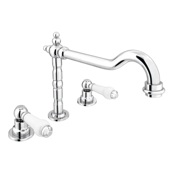 Chatsworth 1928 Traditional 3TH White Lever Deck Mounted Basin Mixer Tap with Curved Spout