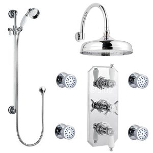Traditional Triple Concealed Valve with Diverter, 12" Shower Head, Curved Arm, 4 Body Jets & Slider