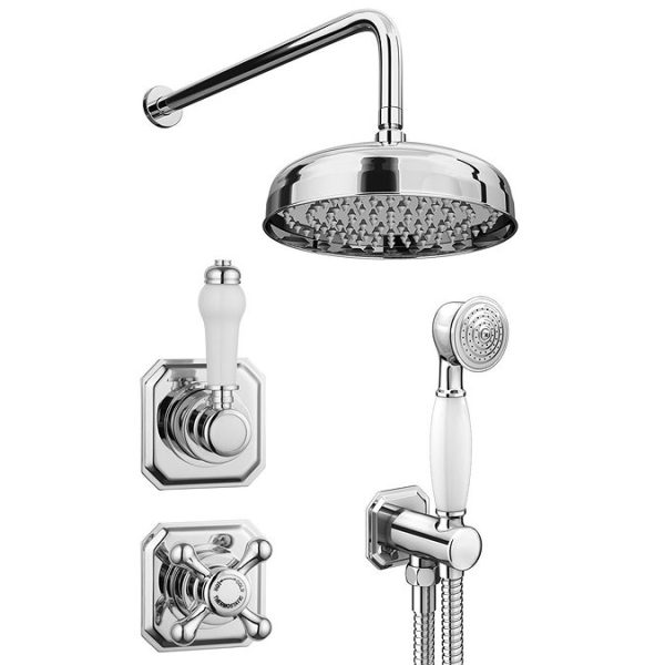 Trafalgar Traditional Concealed Individual Diverter + Thermostatic Control Valve with Handset + 8" Shower Head - Image 2