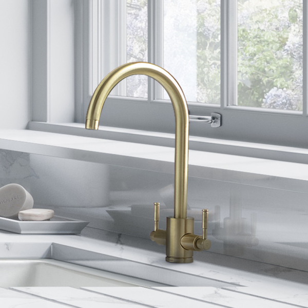 Rangemaster Aquatrend Dual Lever Kitchen Mixer Tap   Brushed Brass