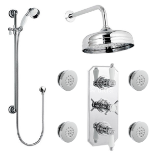 Traditional Triple Concealed Shower Valve with Diverter, 8" Fixed Shower Head, 4 Body Jets & Slider