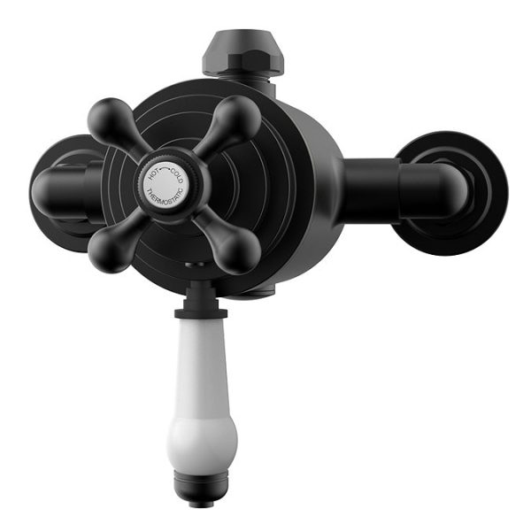 Trafalgar Matt Black Dual Exposed Shower Valve with Rigid Riser Kit, 200mm Round Apron Head, Handshower & Diverter - Image 5