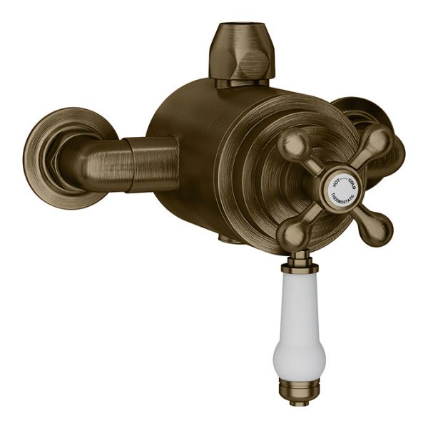 Trafalgar Antique Brass Dual Exposed Shower Valve with Rigid Riser Kit, 200mm Round Apron Head, Handshower & Diverter - Image 3