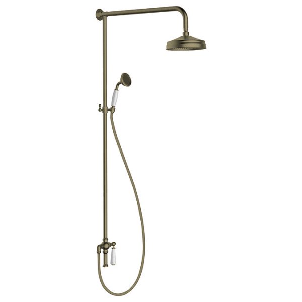 Trafalgar Antique Brass Dual Exposed Shower Valve with Rigid Riser Kit, 200mm Round Apron Head, Handshower & Diverter - Image 4