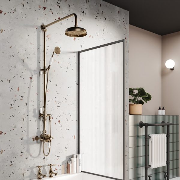 Trafalgar Antique Brass Dual Exposed Shower Valve with Rigid Riser Kit, 200mm Round Apron Head, Handshower & Diverter - Image 7