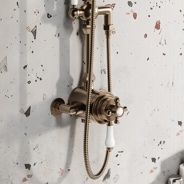 Trafalgar Antique Brass Dual Exposed Shower Valve with Rigid Riser Kit, 200mm Round Apron Head, Handshower & Diverter - Image 8