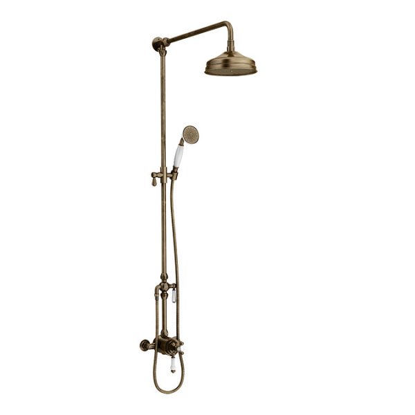Trafalgar Antique Brass Dual Exposed Shower Valve with Rigid Riser Kit, 200mm Round Apron Head, Handshower & Diverter - Image 6