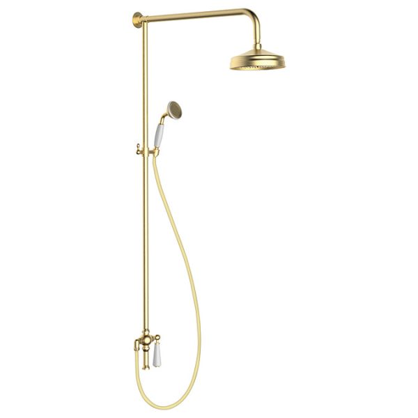 Trafalgar Brushed Brass Dual Exposed Shower Valve with Rigid Riser Kit, 200mm Round Apron Head, Handshower & Diverter - Image 4