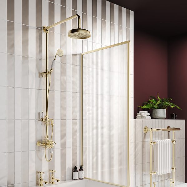Trafalgar Brushed Brass Dual Exposed Shower Valve with Rigid Riser Kit, 200mm Round Apron Head, Handshower & Diverter - Image 7