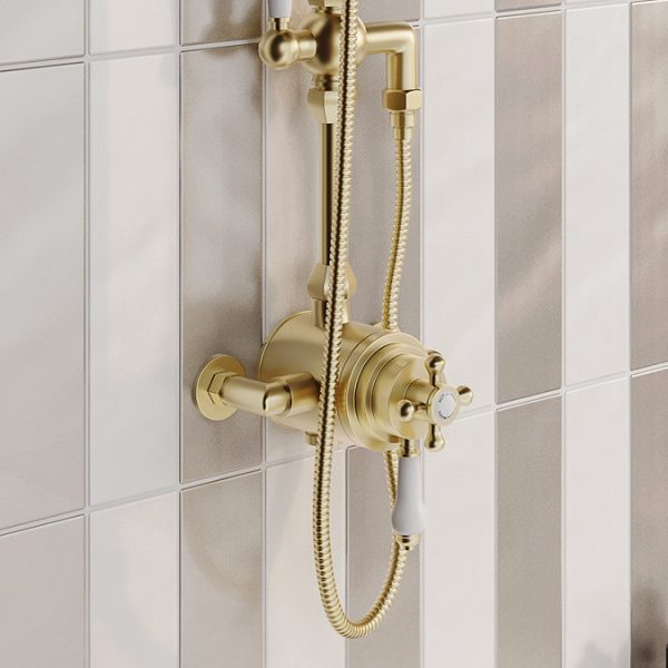 Trafalgar Brushed Brass Dual Exposed Shower Valve with Rigid Riser Kit, 200mm Round Apron Head, Handshower & Diverter - Image 8