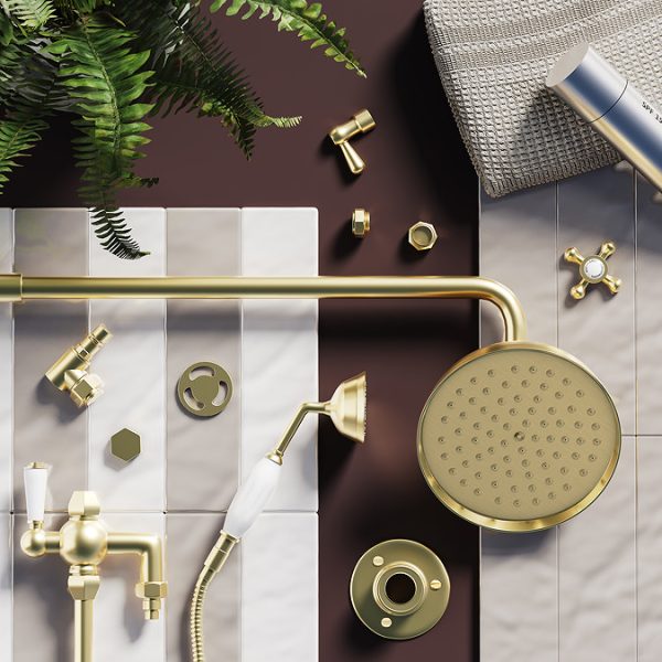 Trafalgar Brushed Brass Dual Exposed Shower Valve with Rigid Riser Kit, 200mm Round Apron Head, Handshower & Diverter - Image 9