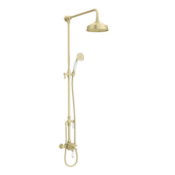 Trafalgar Brushed Brass Dual Exposed Shower Valve with Rigid Riser Kit, 200mm Round Apron Head, Handshower & Diverter - Image 6