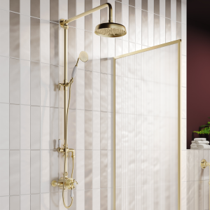 Trafalgar Brushed Brass Dual Exposed Shower Valve with Rigid Riser Kit, 200mm Round Apron Head, Handshower & Diverter
