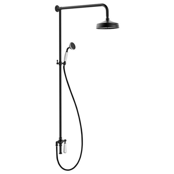 Trafalgar Matt Black Dual Exposed Shower Valve with Rigid Riser Kit, 200mm Round Apron Head, Handshower & Diverter - Image 4