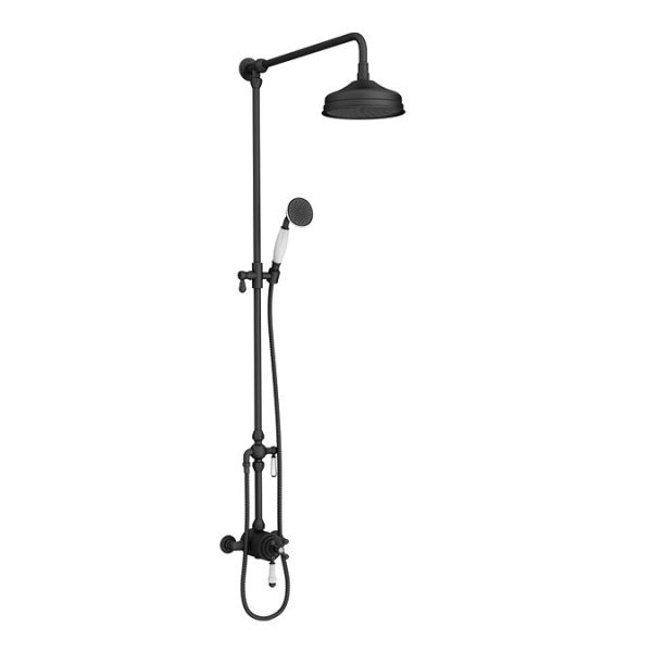 Trafalgar Matt Black Dual Exposed Shower Valve with Rigid Riser Kit, 200mm Round Apron Head, Handshower & Diverter - Image 7