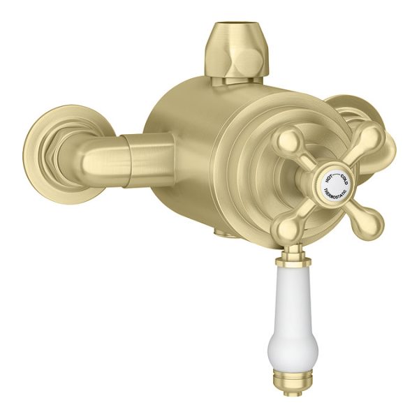Trafalgar Brushed Brass Dual Exposed Shower Valve with Rigid Riser Kit, 195mm Round Head, Handshower & Diverter - Image 4