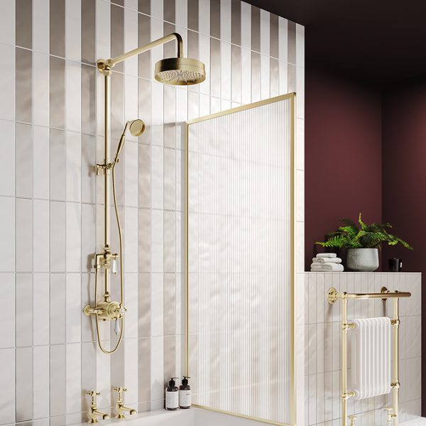 Trafalgar Brushed Brass Dual Exposed Shower Valve with Rigid Riser Kit, 195mm Round Head, Handshower & Diverter - Image 2