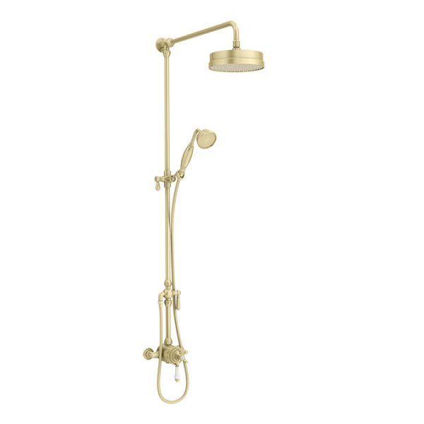 Trafalgar Brushed Brass Dual Exposed Shower Valve with Rigid Riser Kit, 195mm Round Head, Handshower & Diverter - Image 6