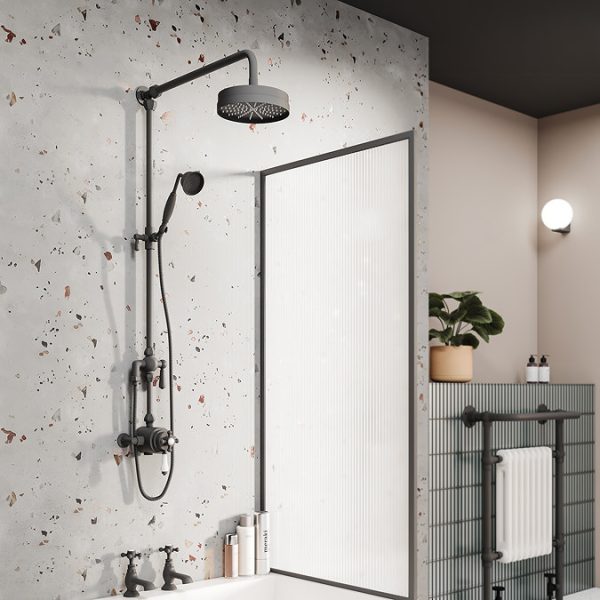 Trafalgar Matt Black Dual Exposed Shower Valve with Rigid Riser Kit, 195mm Round Head, Handshower & Diverter - Image 4