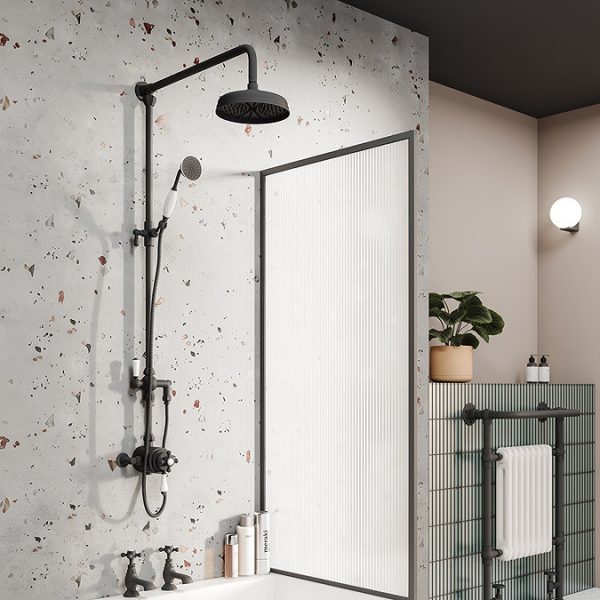 Trafalgar Matt Black Dual Exposed Shower Valve with Rigid Riser Kit, 200mm Round Apron Head, Handshower & Diverter - Image 9
