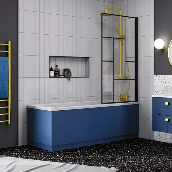 Venice Abstract Matt Black Grid Screen w. Single Ended Bath + Satin Blue Panel - Image 6