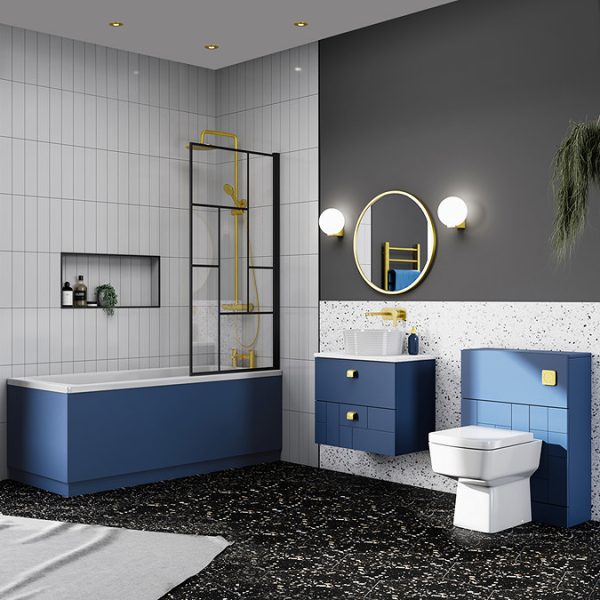 Venice Abstract Matt Black Grid Screen w. Single Ended Bath + Satin Blue Panel - Image 2