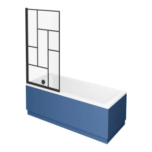 Venice Abstract Matt Black Grid Screen w. Single Ended Bath + Satin Blue Panel