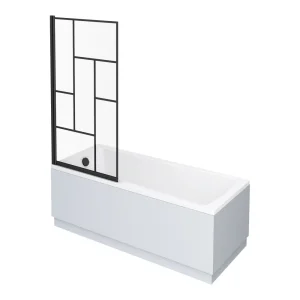 Venice Abstract Matt Black Grid Screen w. Single Ended Bath + Satin White Panel