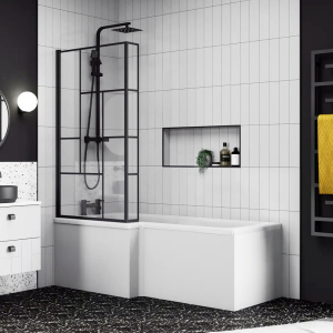 Venice Shower Bath   1700mm L Shaped with Matt Black Abstract Grid Screen + Panel