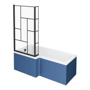 Venice Shower Bath   1700 L Shaped with Matt Black Abstract Grid Screen + Satin Blue Panel